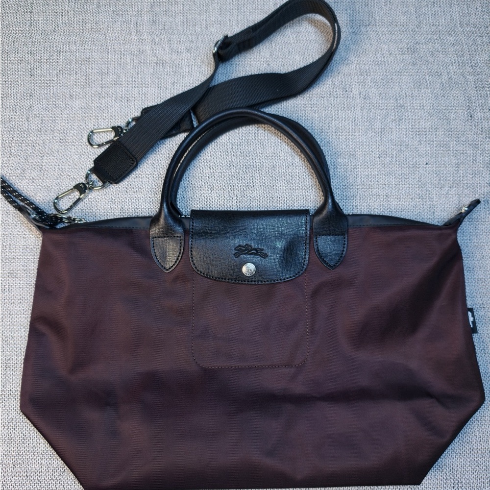Longchamp Medium Le Pliage Tote in Deep Brown with Black Trim